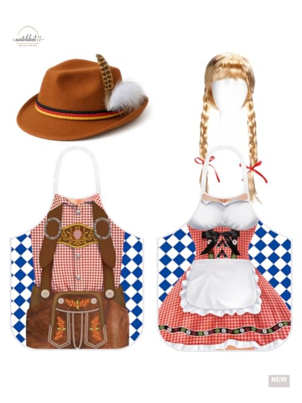 Oktoberfest Couple Aprons Hat Wig 4 Piece Set German Costume